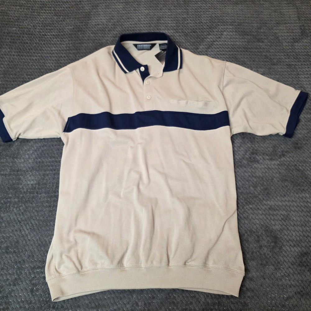Knightsbridge Polo Shirt Large Tan Navy Striped Banded Waist Pocket Vintage NWT